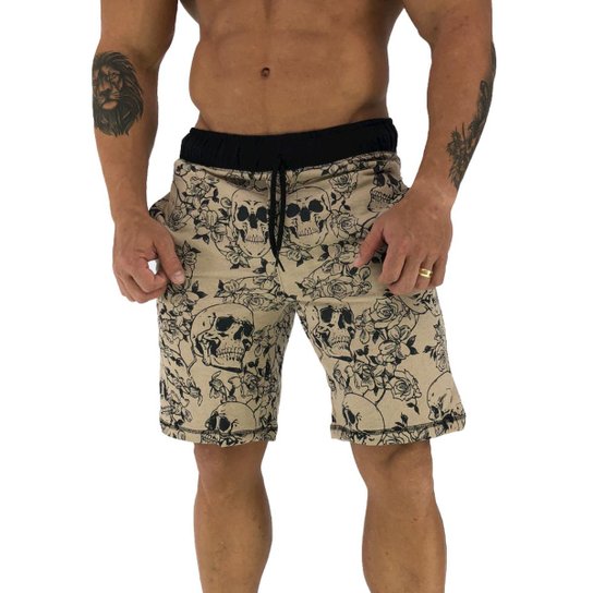 Bermuda MXD Conceito Moletom Slim Caveira e Rosas Masculina - Bege