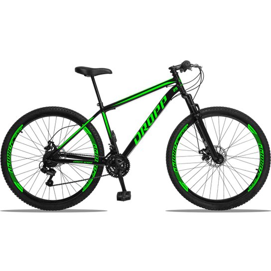 Bicicleta Aro 29 DROPP AÇO 21v Câmbios Shimano Freio a Disco Mecânico com Suspensão - Preto+verde