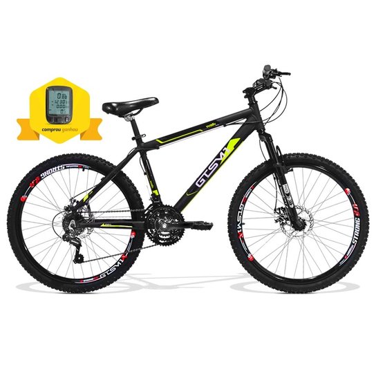 BICICLETA GTS M1 WALK NEW ARO 26 FREIO A DISCO CÂMBIO SHIMANO 21 MARCHAS AMORTECEDOR - Preto+Amarelo