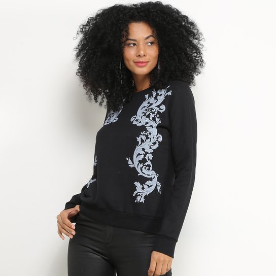 Blusa Moletom Malwee Estampada Feminina - Preto