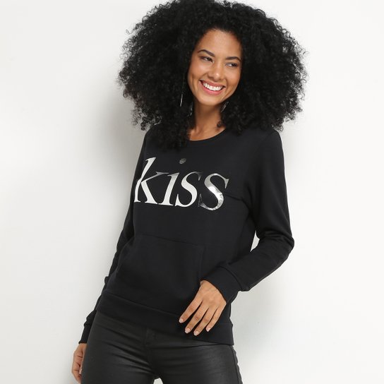 Blusa Moletom Malwee Kiss Feminina - Preto