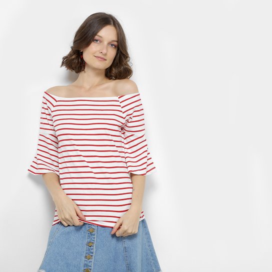 Blusa Top Moda Listrada Ombro a Ombro Feminina - Vermelho