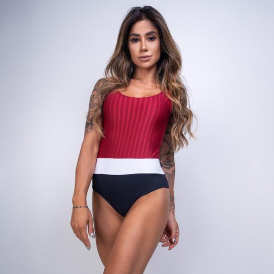 Body Honey Be Textura Listrado Feminino - Vermelho