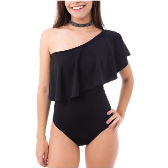 Body Moda Vicio Um Ombro Só Com Babado Feminino - Preto
