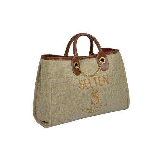 Bolsa Selten Handbag Grande Alça Fixa Botão Magnético Feminina - Creme