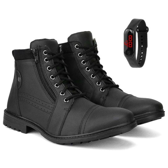Bota Coturno com Zíper SapatoFran Perfuros com Relógio Masculino - Preto