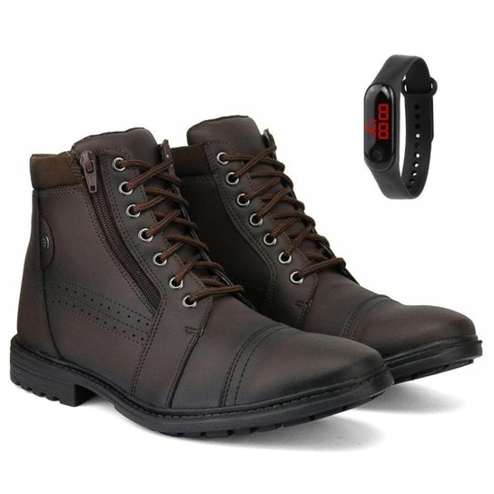 Bota Coturno com Zíper SapatoFran Perfuros com Relógio Masculino - Marrom