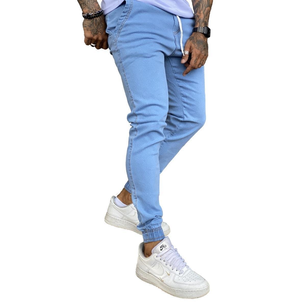 Calça Jogger Jeans Sarja Masculina Com Punho Cós Elástico