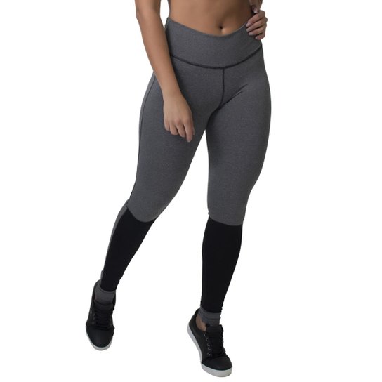 Calça Legging Kaisan com Detalhe Liso e Ponto de Cobertura Feminina - Cinza+Preto