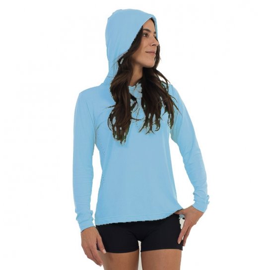 Camisa Feminina Com Capuz Proteção +30UPF - Azul