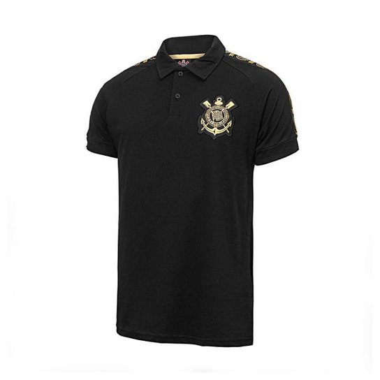 Camisa Polo Corinthians Galão Fundação Ouro Masculina - Preto