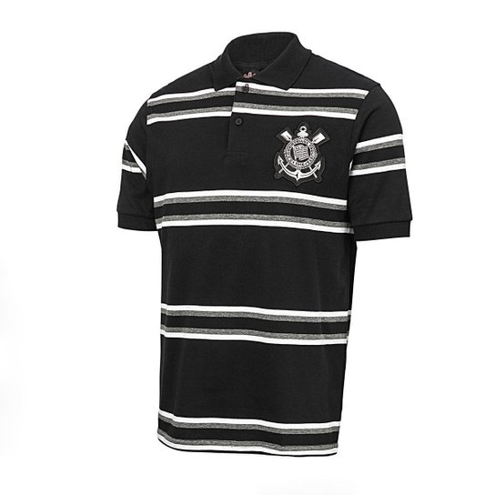 Camisa Polo Corinthians Platinum Listrada Masculina - Branco+Preto