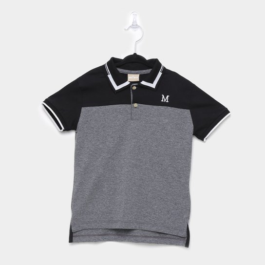 Camisa Polo Infantil Milon Frisos Bordada Masculina - Preto