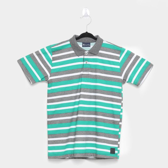 Camisa Polo Infantil Quimby Manga Curta Em Meia Malha Listrada Masculina - Verde