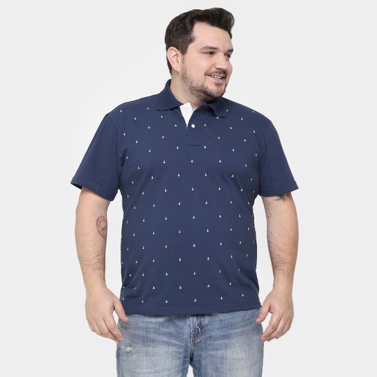 Camisa Polo Local Piquet Mini Print Âncora Plus Size - Marinho