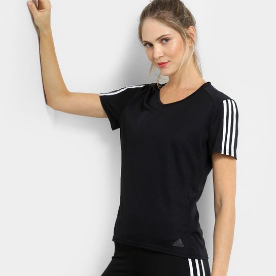 Camiseta Adidas Run 3 Stripe Feminina - Preto+Branco