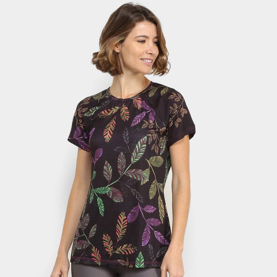 Camiseta Colcci Fitness Folhas Feminina - Preto+Roxo