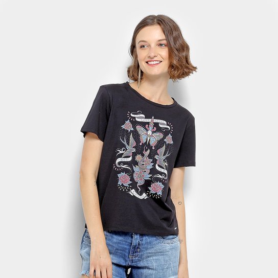 Camiseta Estampada Colcci Manga Curta Feminina - Preto