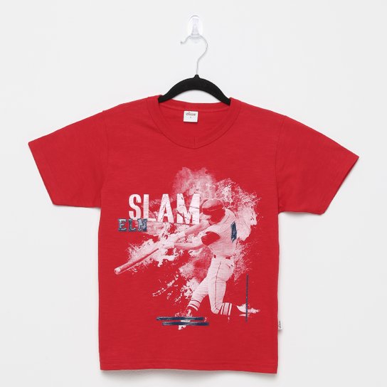 Camiseta Infantil Elian Flamê Baseball Masculina - Vermelho Escuro