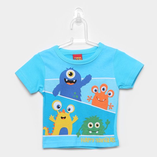 Camiseta Infantil Kyly Monstrinhos Felizes Masculina - Azul Claro