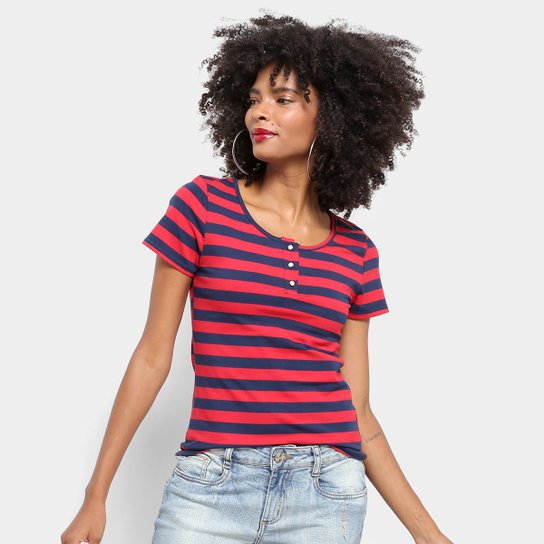 Camiseta Top Modas Listrada Botões Feminina - Vermelho