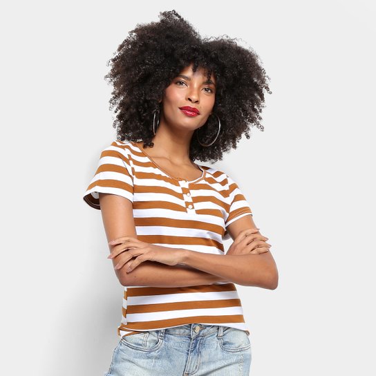 Camiseta Top Modas Listrada Botões Feminina - Marrom