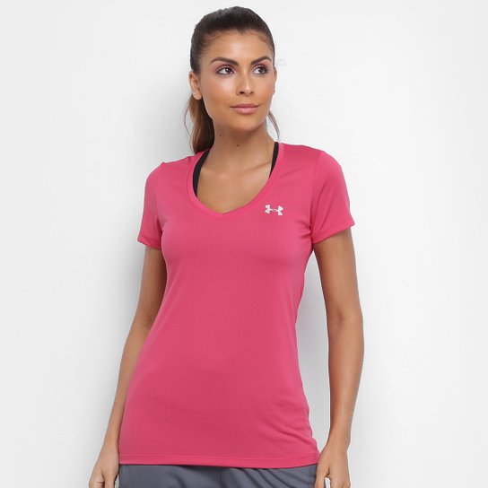 Camiseta Under Armour Tech V-Neck Feminina - Rosa+prata