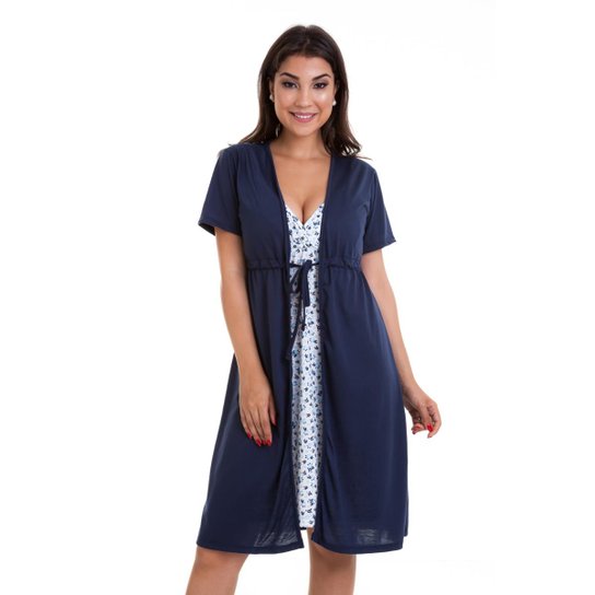 Camisola Luna Cuore Gestante Amamentação Com Robe - Marinho