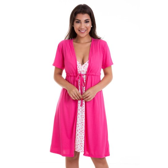 Camisola Luna Cuore Gestante Amamentação Com Robe - Pink