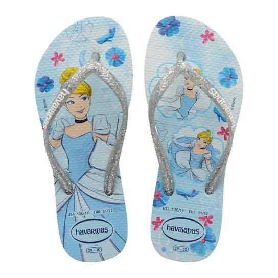 Chinelo Infantil Havaianas Slim Disney Princesas - Azul+Branco
