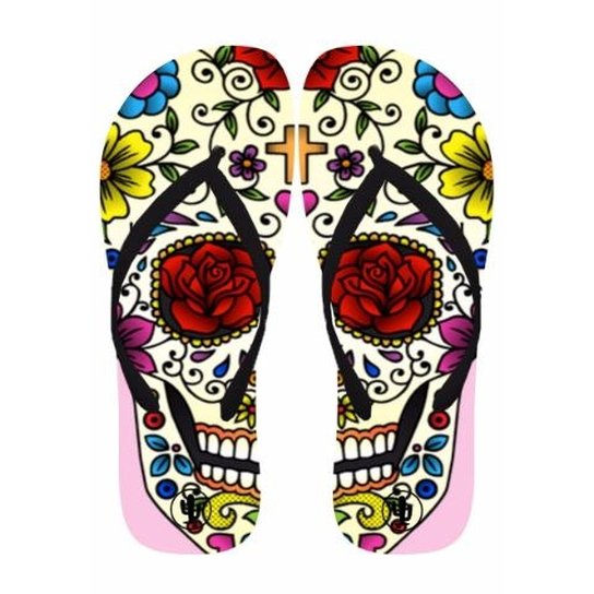 Chinelo Live Top Caveira - Branco+Rosa