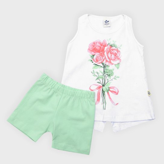 Conjunto Infantil Andritex Malha E Shorts Cotton Regata Floral Feminina - Branco