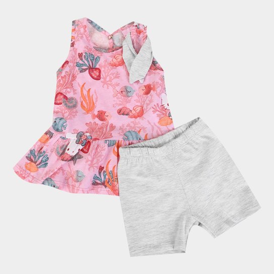 Conjunto Infantil Hello Kitty Bata e Bermuda - Rosa