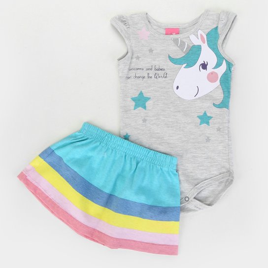 Conjunto Infantil Kamylus Body E Saia Meia Malha Feminino - Cinza