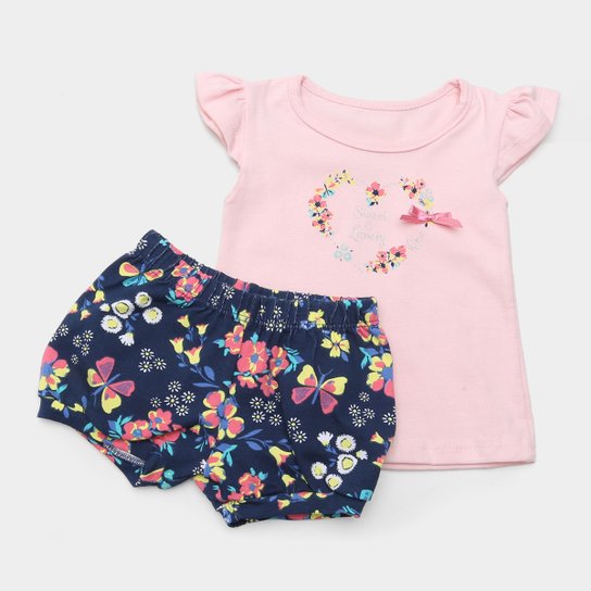 Conjunto Infantil Kiko & Kika Floral Feminino - Rosa Claro