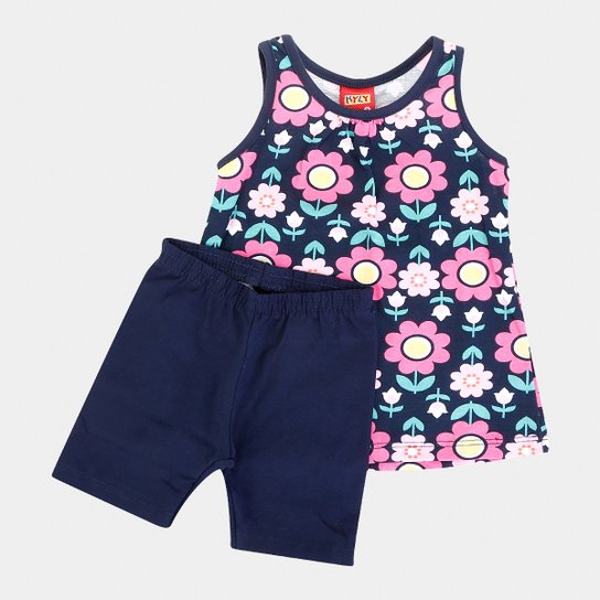 Conjunto Infantil Kyly Blusa Shorts Cotton Flores - Marinho