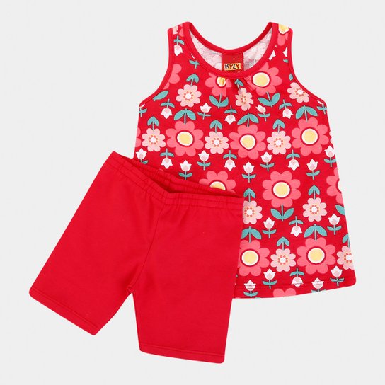 Conjunto Infantil Kyly Blusa Shorts Cotton Flores - Vermelho
