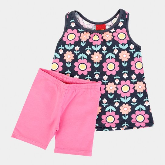 Conjunto Infantil Kyly Blusa Shorts Cotton Flores - Rosa