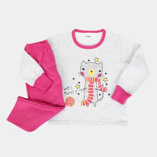 Conjunto Pijama Infantil Candy Kids Moletinho Cat Feminino - Cinza+Rosa