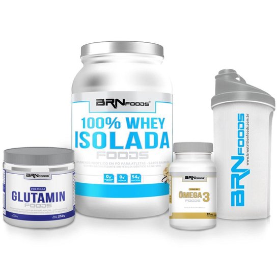 Kit 100% Isolada 900g + Premium Glutamin 250g + Ômega 3 60 caps + CoqueteleiraBRNfoods -