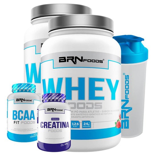 Kit 2 Whey Foods 900 G + BCAA Foods 2400 200 Cáps + Creatina Foods 100 G + Coqueteleira - Brn Foods -
