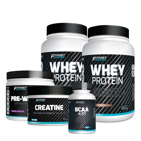 Kit 2 Whey Protein 900G + 1 Creatina Pura 100G + 1 Pré-Treino 300G + 1 BCAA 4-1-1 -