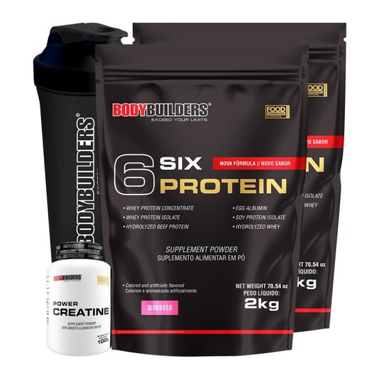 Kit 2x 6 Six Protein 2kg Morango + 100% Creatine 100g + Coqueteleira Bodybuilders -
