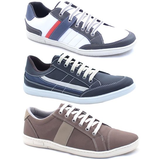 Kit 3 Pares Sapatênis Casual Dexshoes Masculino - Branco+Café