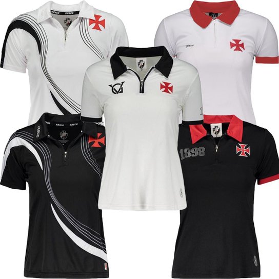Kit 5 Camisas Polo Vasco da Gama Dry Soft Femininas - Branco+Preto