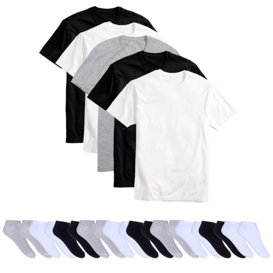 Kit 5 Camisetas Básicas Masculina T-Shirt Algodão + 10 Pares De Meias Soquete - Branco