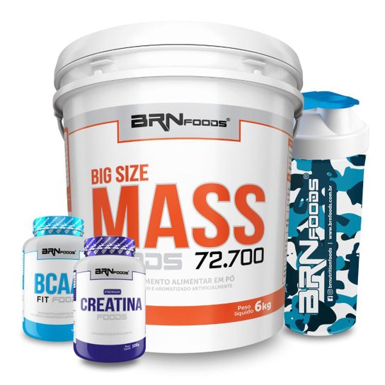 Kit Big Size Mass 6kg + BCAA 2400 100 caps + Creatine 100g + Coqueteleira - BRNfoods -