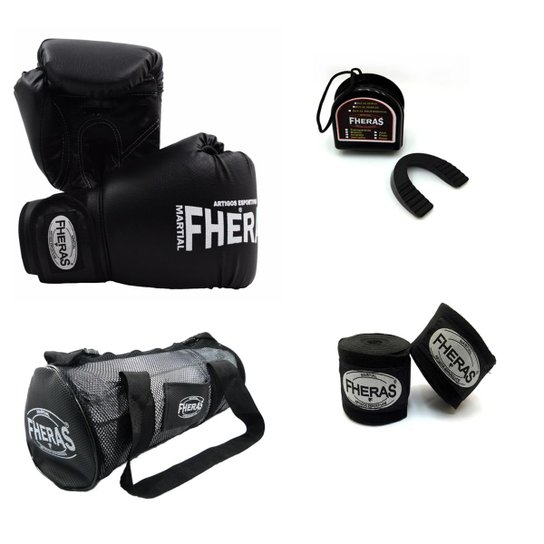 Kit Boxe Muay Thai Trad-Luva Bandagem Bucal Bolsa - Preto