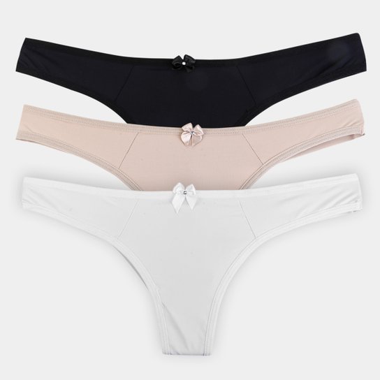 Kit Calcinhas Tanga La Math's Fio Duplo Liso Microfibra - Branco+Preto