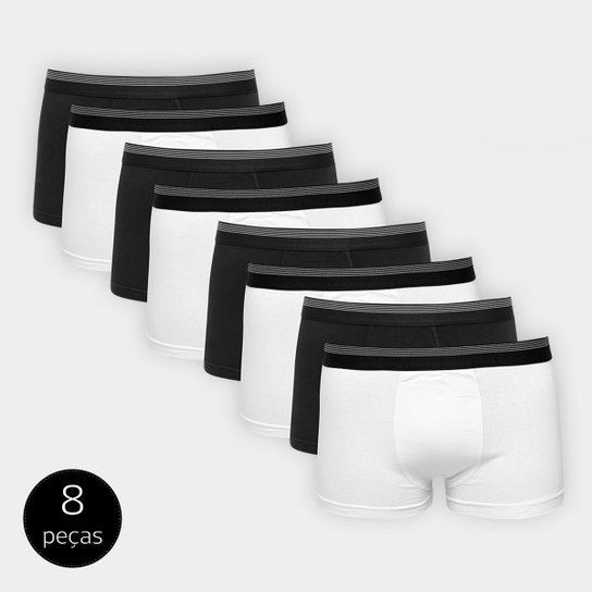 Kit Cueca Boxer UNW Elástico Listras 8 Peças - Branco+Preto